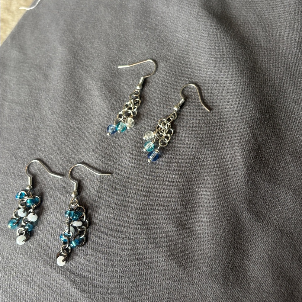 Silver and Blue Beaded Dangle Earrings- hand crafted - Picture 11 of 12
